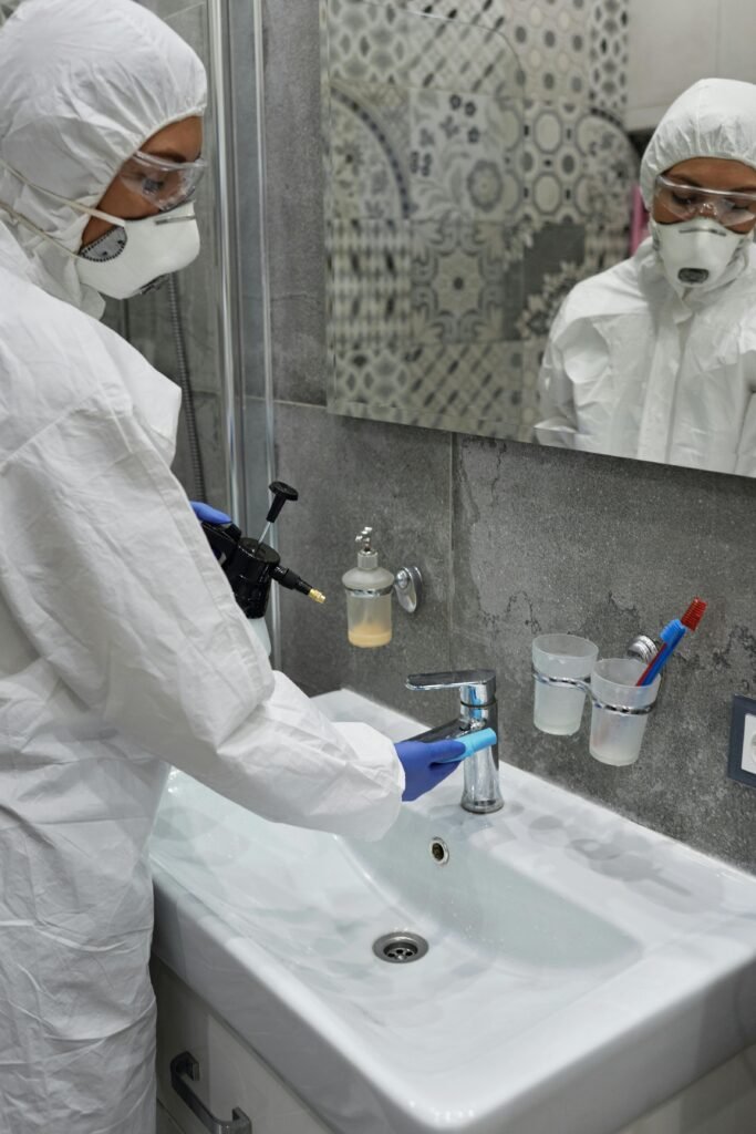 Emergency Cleaning Services 2 Person in protective gear disinfecting bathroom sink with spray bottle.